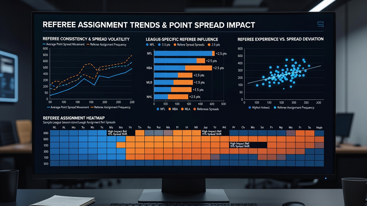 Data charts showing referee tendencies and historical point spread movements in league games