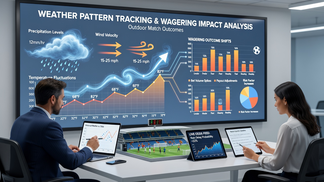 Meteorologists reviewing radar data and wind charts alongside sports performance statistics on multiple screens